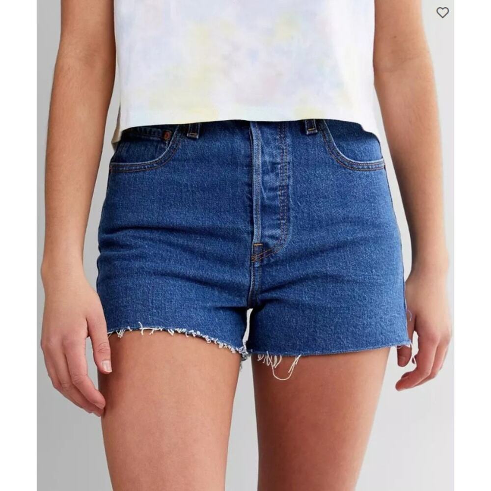Levi's Premium Ribcage Jean Shorts High Waist Raw Hem Denim Casual Summer 25